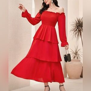 Red Off-Shoulder Tiered Maxi Dress – NWOT – Size L